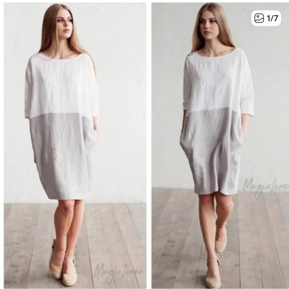 MAGIC LINEN Adria Color-Block White and Gray/Tan Linen Dress size medium - Picture 1 of 4